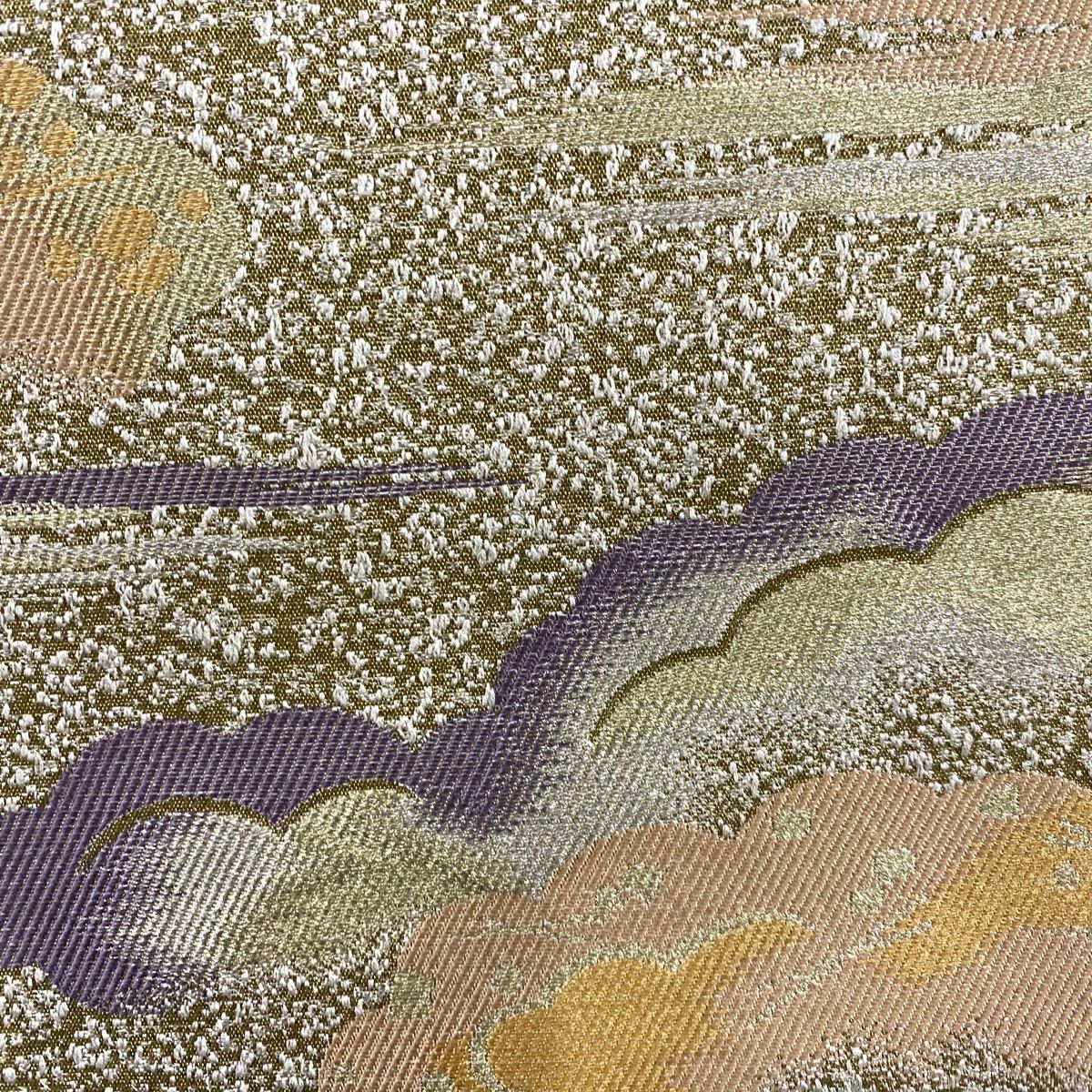 【美品】 袋帶 名品級 鶯 深藍 六通 純蠶絲