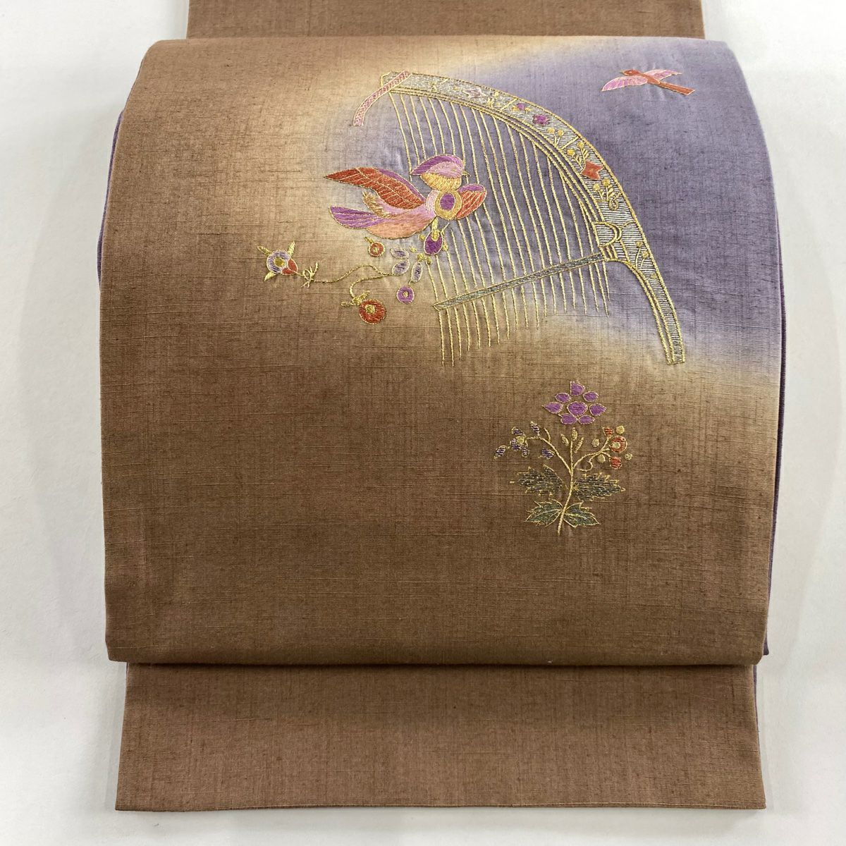 【美品】 袋帶 名品級 紬織織 貝紫刺繡 鴛鴦 和樂器 刺繡 金線 茶