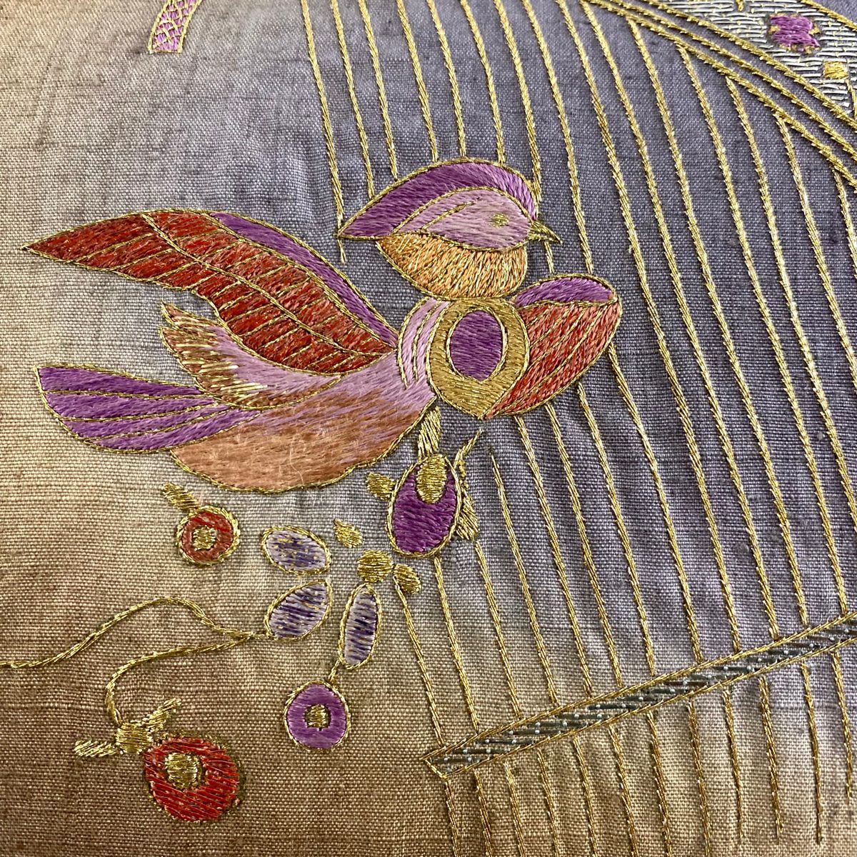 【美品】 袋帶 名品級 紬織織 貝紫刺繡 鴛鴦 和樂器 刺繡 金線 茶