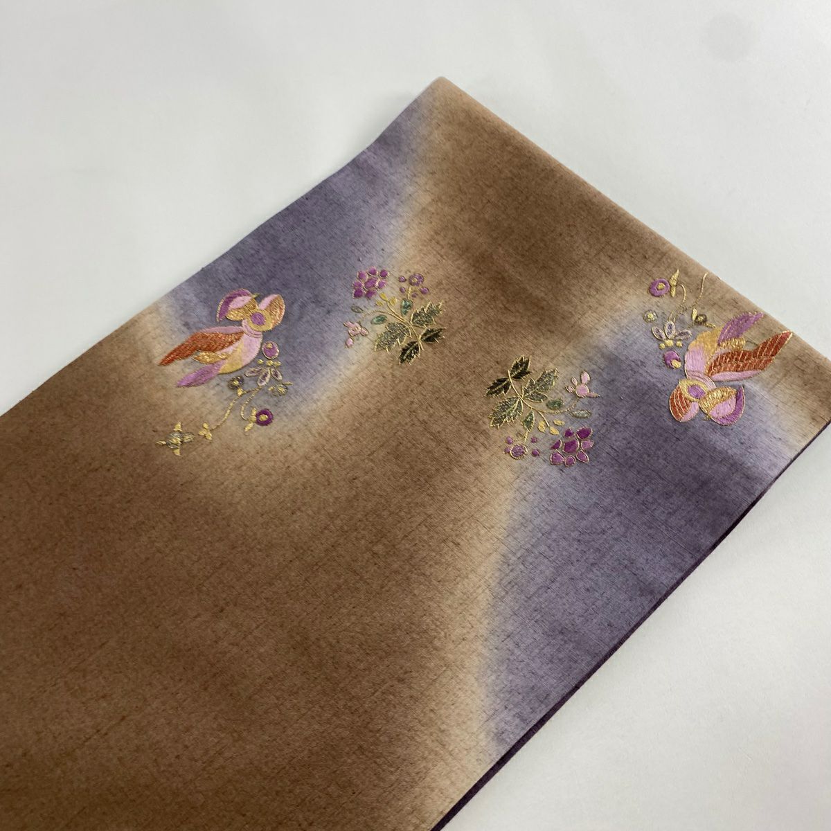 【美品】 袋帶 名品級 紬織織 貝紫刺繡 鴛鴦 和樂器 刺繡 金線 茶