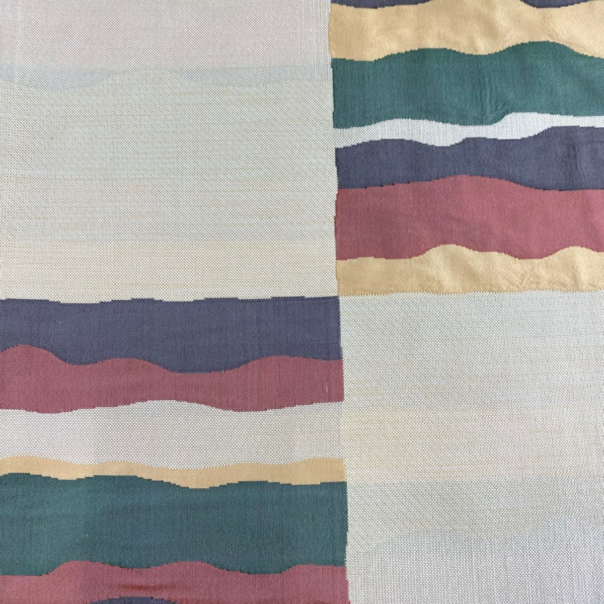 【美品】 袋帶 名品級 木屋太 落款あり 市松樹 よろけ縞 米色 六通 純蠶絲