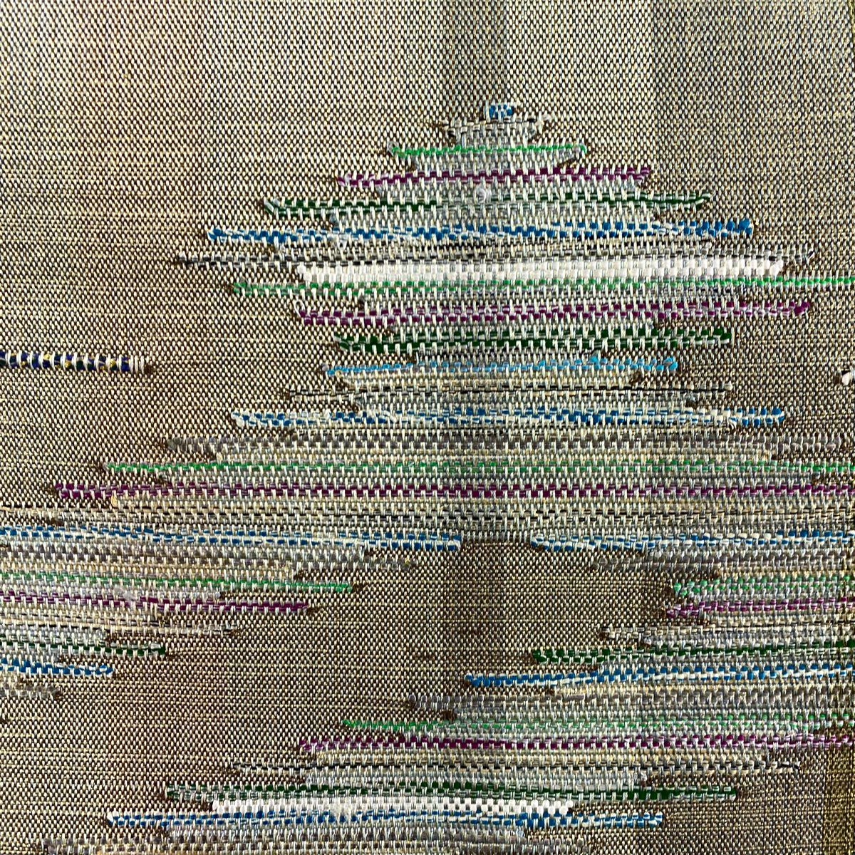 【美品】 袋帶 名品級 幾何圖案 金通 金絲 灰綠色 大鼓圖案 純蠶絲
