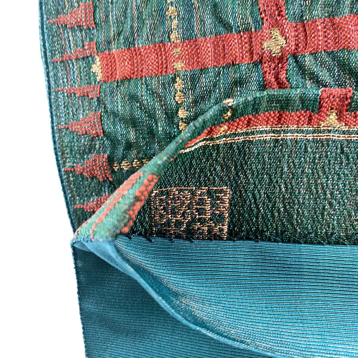 【美品】 袋帶 名品級 じゅらく 落款あり 格子 金金箔 銀線 綠 六通 純蠶絲