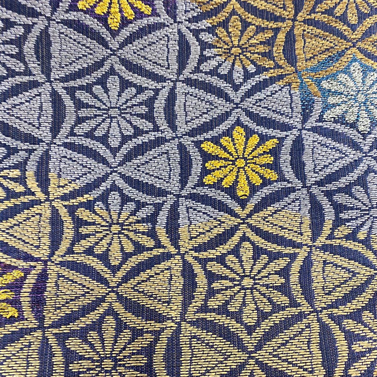 【美品】 袋帶 名品級 花 幾何學 金金箔 灰紫 六通 純蠶絲