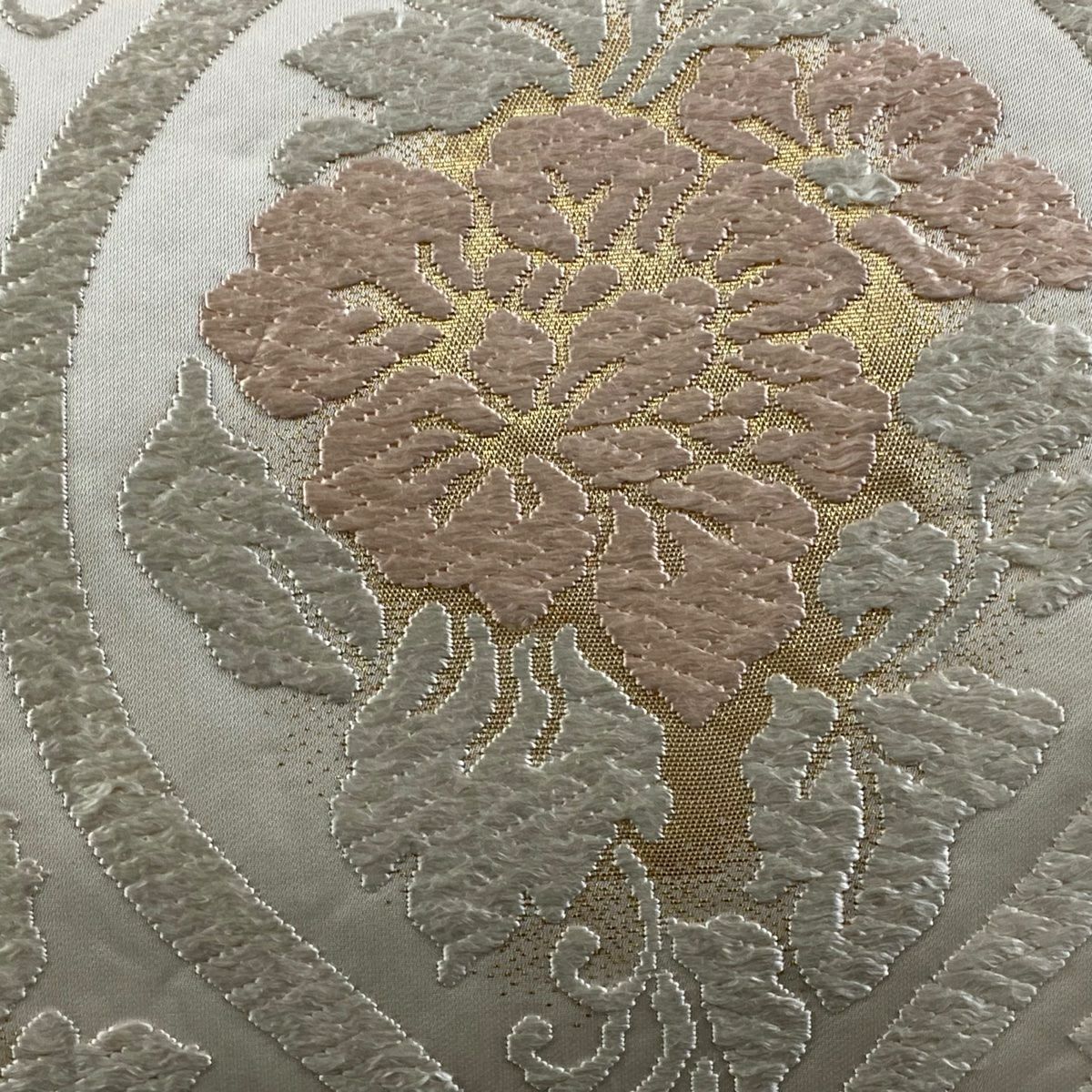 袋帶 名品級 落款 河合康幸謹製 立涌 草花紋 唐織 金金箔 灰白 六通 純蠶絲
