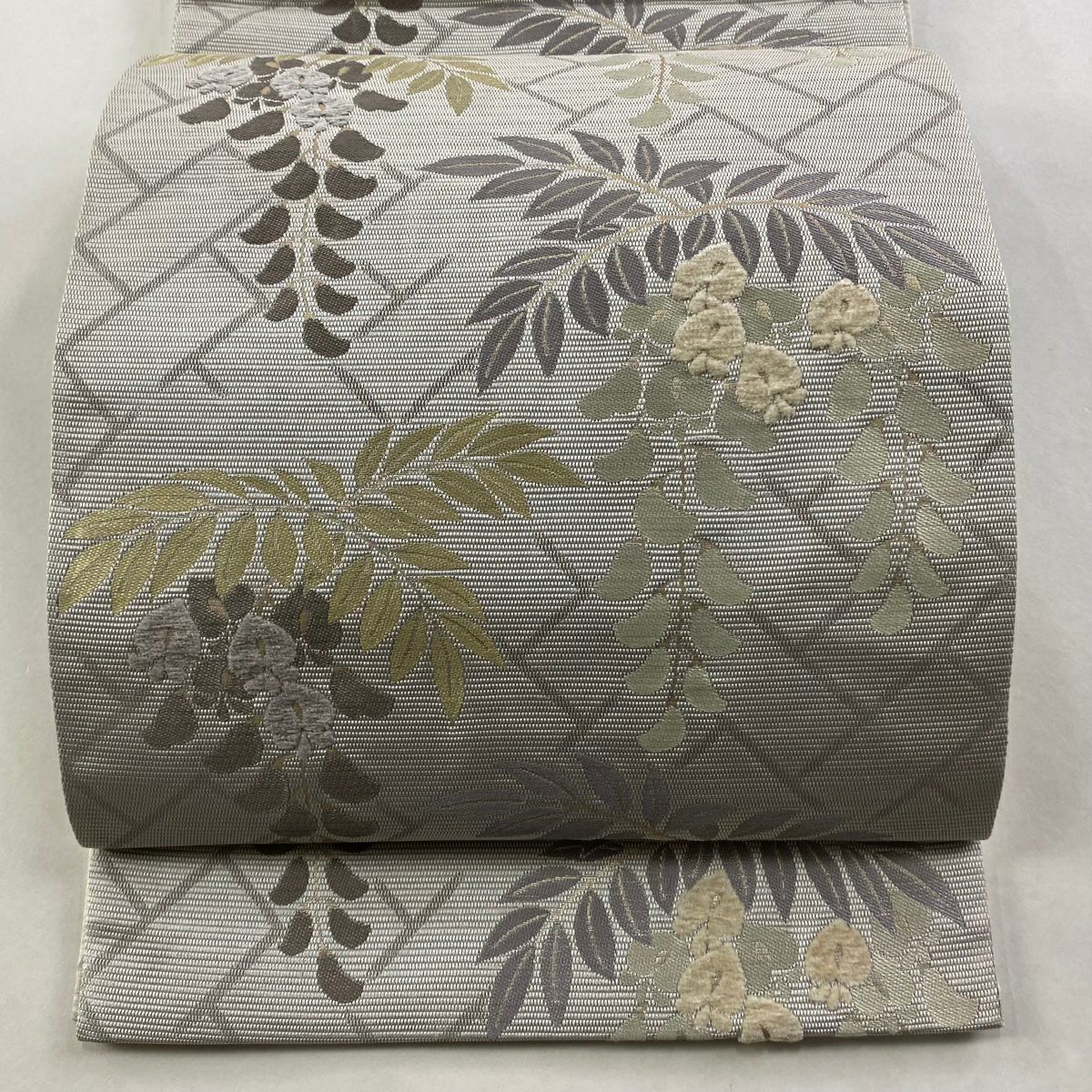 【美品】 袋帶 名品級 藤 檜垣 毛線 金金箔 灰色 六通 純蠶絲