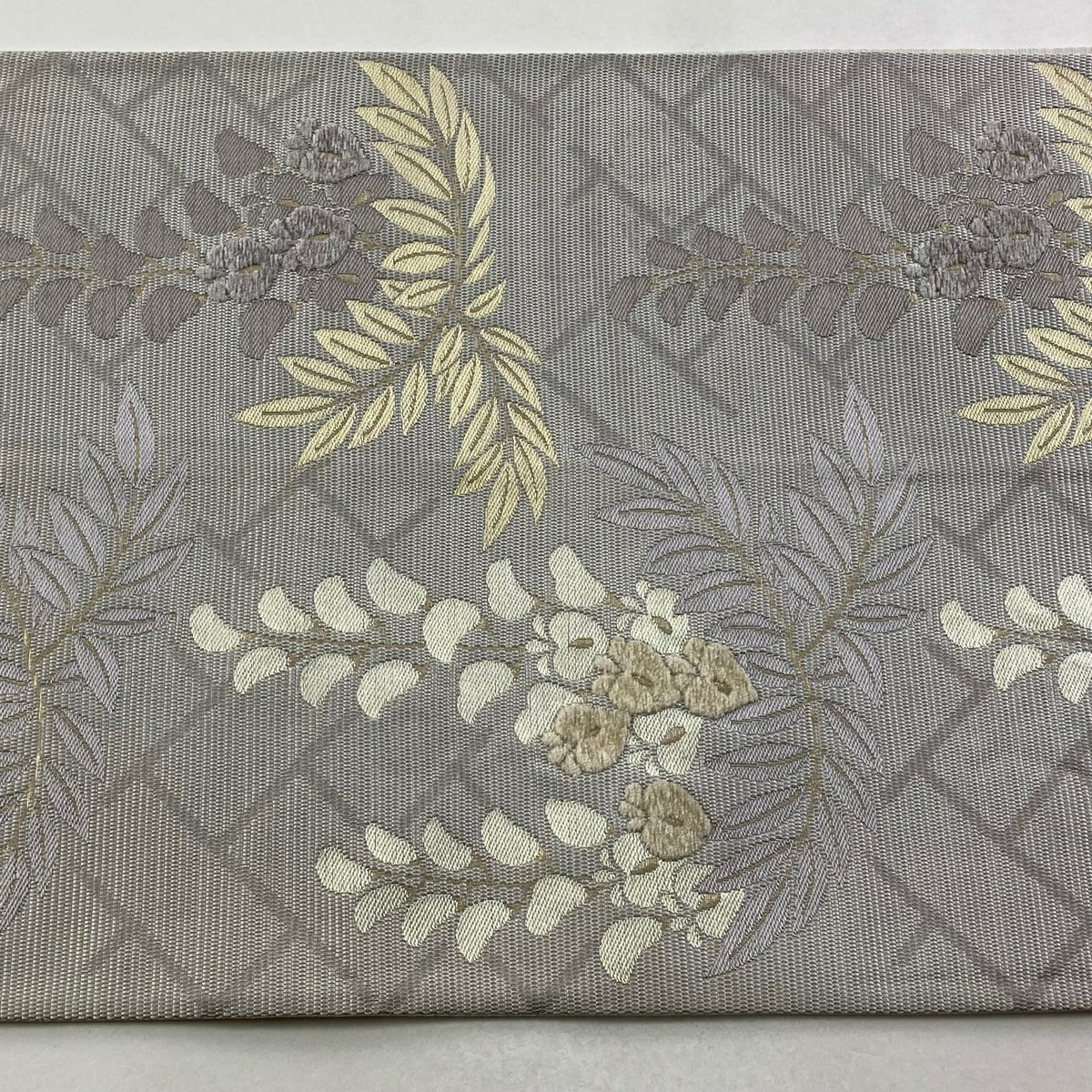 【美品】 袋帶 名品級 藤 檜垣 毛線 金金箔 灰色 六通 純蠶絲