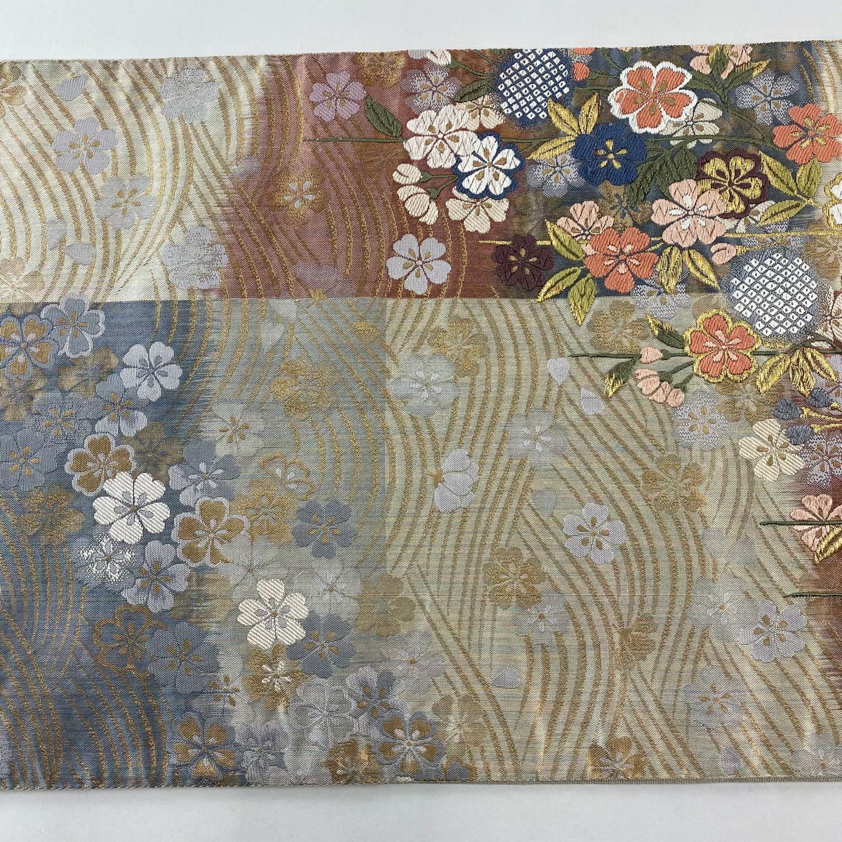 袋帶 秀品級 關西仕立 雪垂櫻 波 金絲 唐織 青灰 六通 純蠶絲