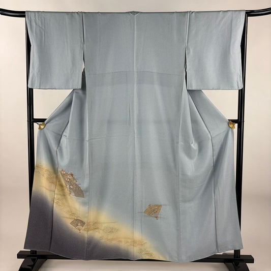 付下 身長158.5cm 袖長66cm M 雙層 扇子 菊花 刺繡 金彩裝飾 水色 純蠶絲 秀品級