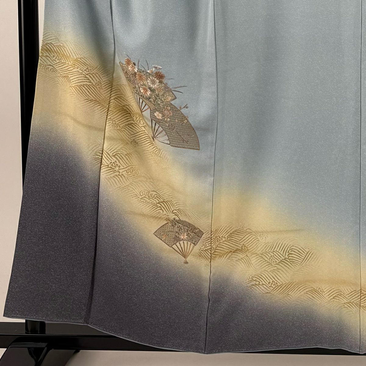 付下 身長158.5cm 袖長66cm M 雙層 扇子 菊花 刺繡 金彩裝飾 水色 純蠶絲 秀品級