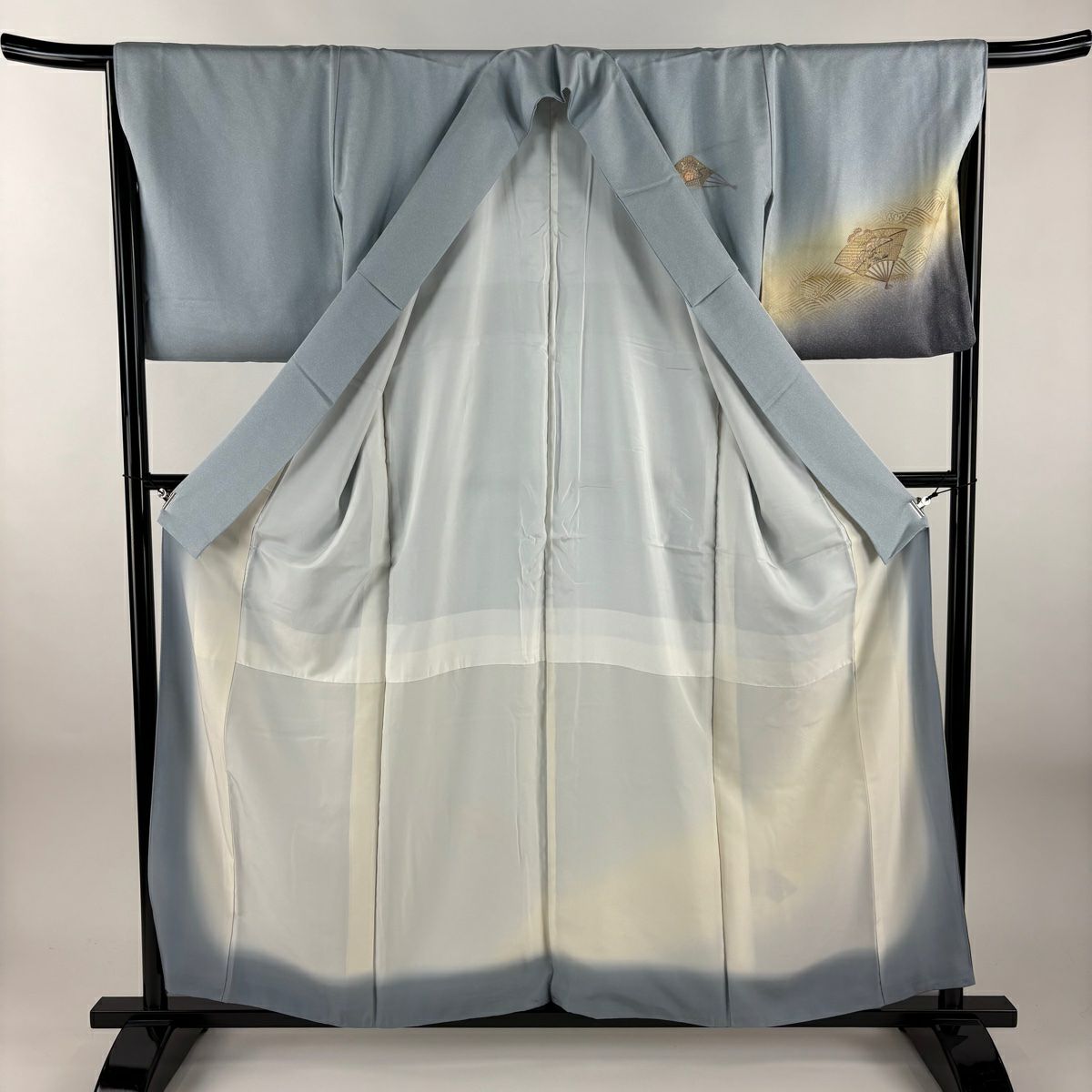 付下 身長158.5cm 袖長66cm M 雙層 扇子 菊花 刺繡 金彩裝飾 水色 純蠶絲 秀品級