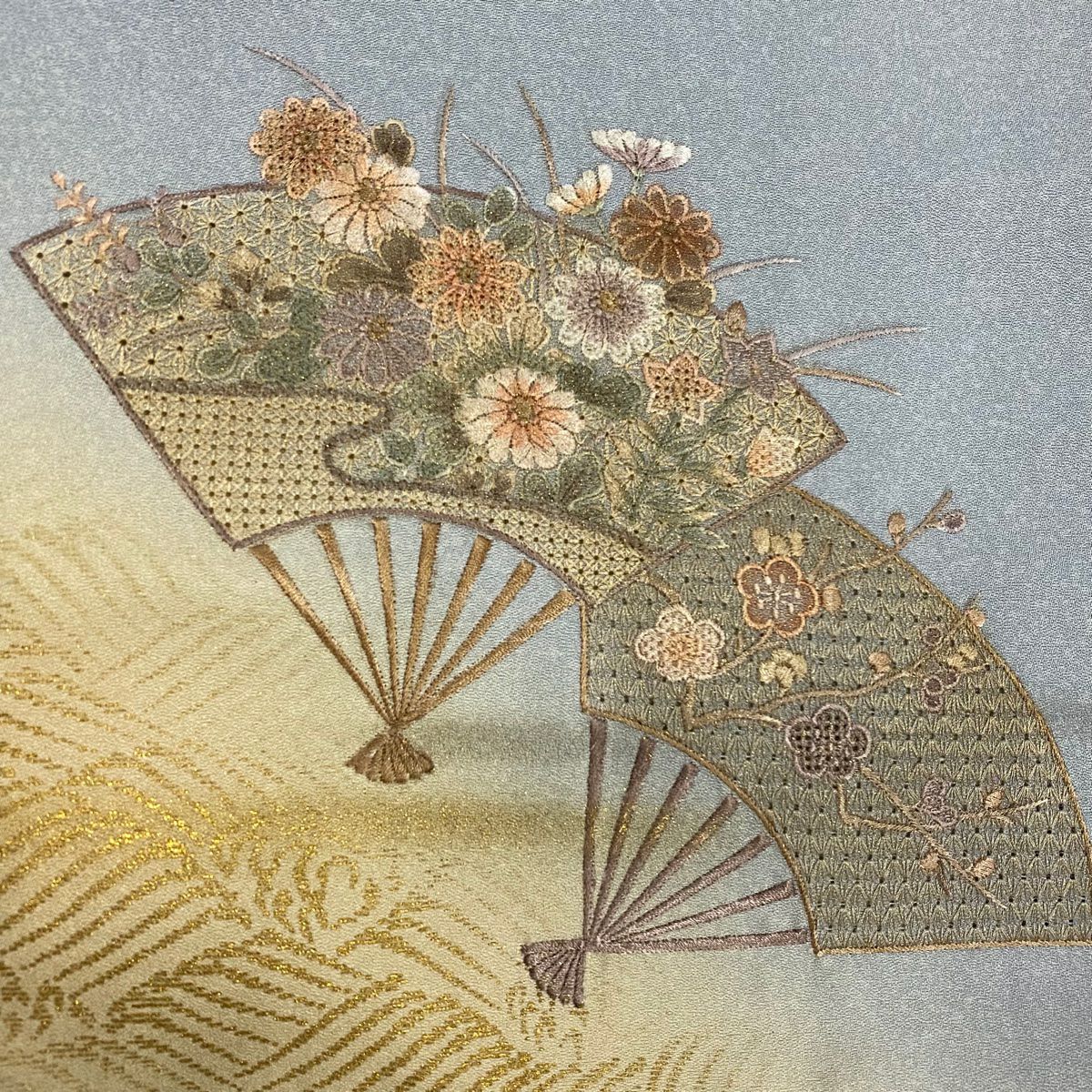 付下 身長158.5cm 袖長66cm M 雙層 扇子 菊花 刺繡 金彩裝飾 水色 純蠶絲 秀品級