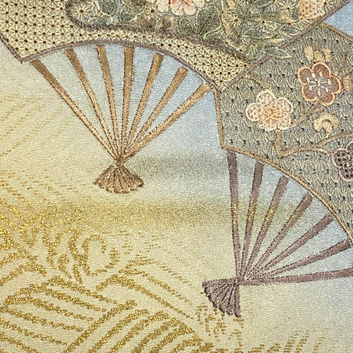 付下 身長158.5cm 袖長66cm M 雙層 扇子 菊花 刺繡 金彩裝飾 水色 純蠶絲 秀品級