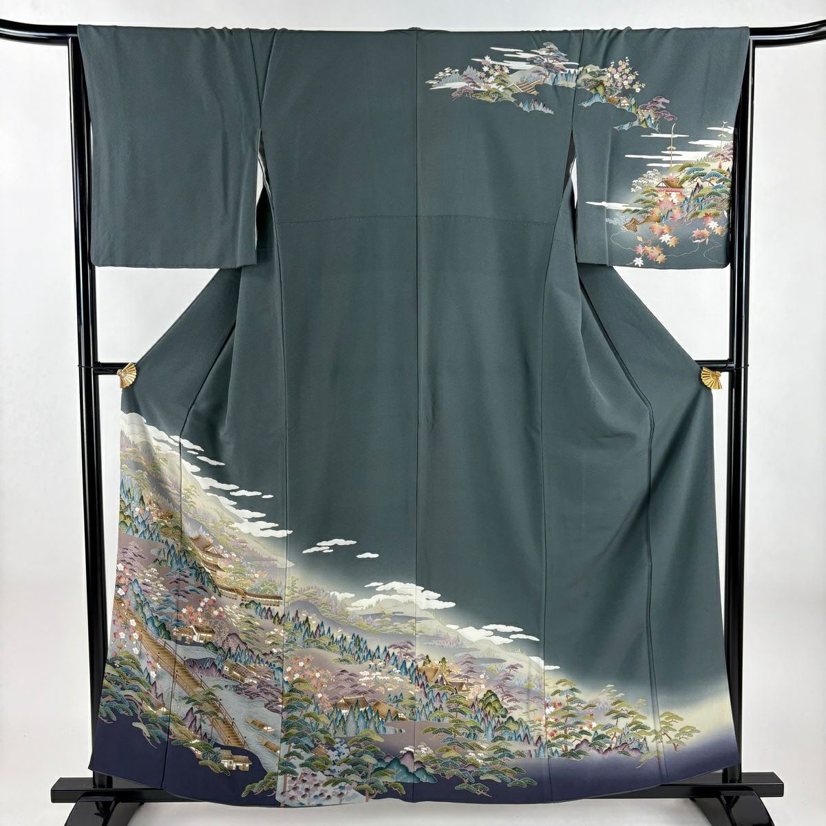 訪問服 身長158.5cm 袖長66cm M 雙層 松樹竹子梅花 建物 漸層 灰綠 純蠶絲 秀品級