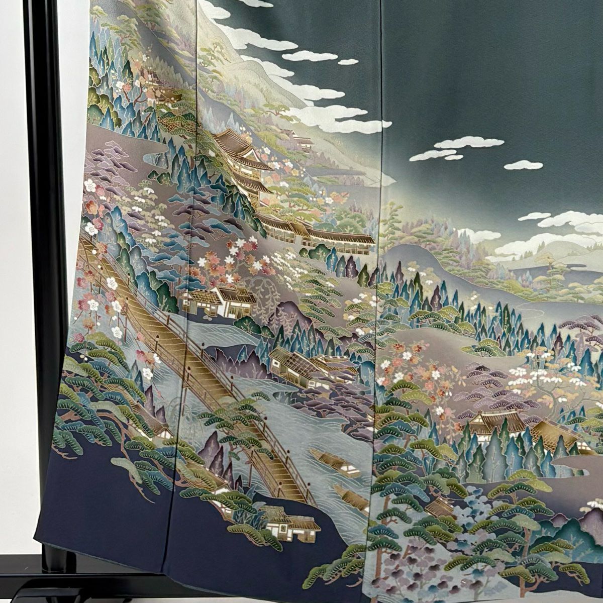 訪問服 身長158.5cm 袖長66cm M 雙層 松樹竹子梅花 建物 漸層 灰綠 純蠶絲 秀品級
