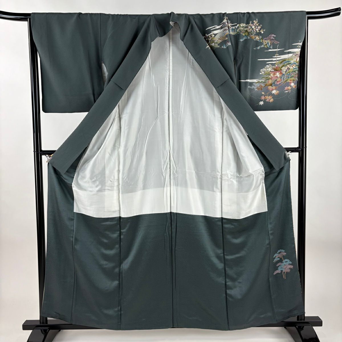 訪問服 身長158.5cm 袖長66cm M 雙層 松樹竹子梅花 建物 漸層 灰綠 純蠶絲 秀品級
