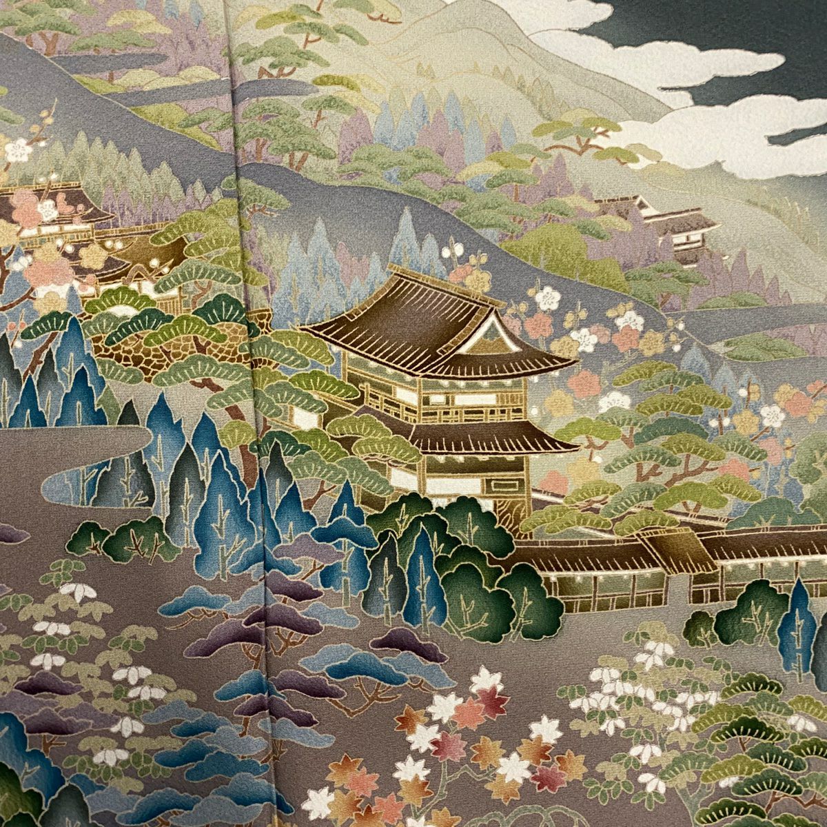 訪問服 身長158.5cm 袖長66cm M 雙層 松樹竹子梅花 建物 漸層 灰綠 純蠶絲 秀品級