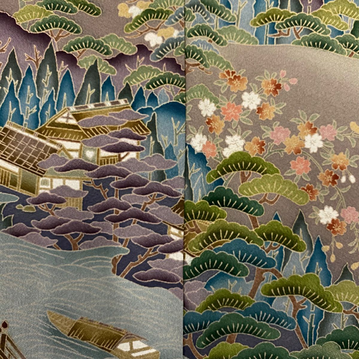 訪問服 身長158.5cm 袖長66cm M 雙層 松樹竹子梅花 建物 漸層 灰綠 純蠶絲 秀品級