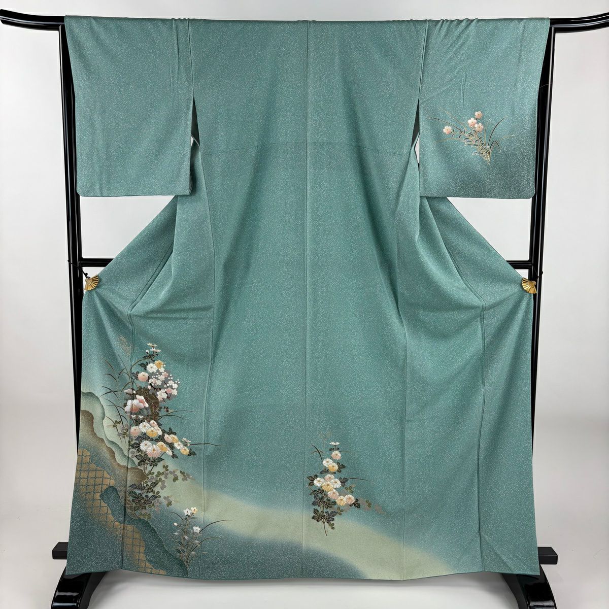 【美品】 付下 身長165.5cm 袖長65cm M 雙層 雪輪 菊花 金銀彩 漸層 青綠 純蠶絲 優品級