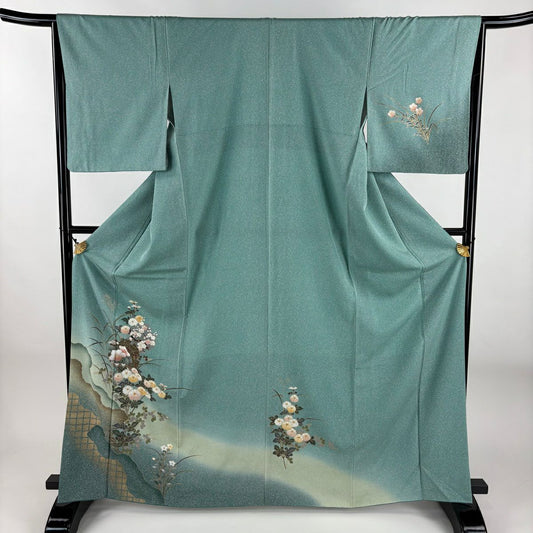 【美品】 付下 身長165.5cm 袖長65cm M 雙層 雪輪 菊花 金銀彩 漸層 青綠 純蠶絲 優品級