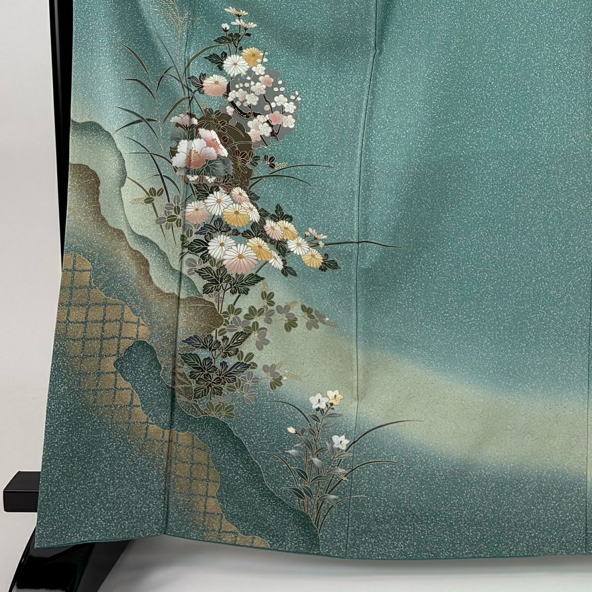 【美品】 付下 身長165.5cm 袖長65cm M 雙層 雪輪 菊花 金銀彩 漸層 青綠 純蠶絲 優品級