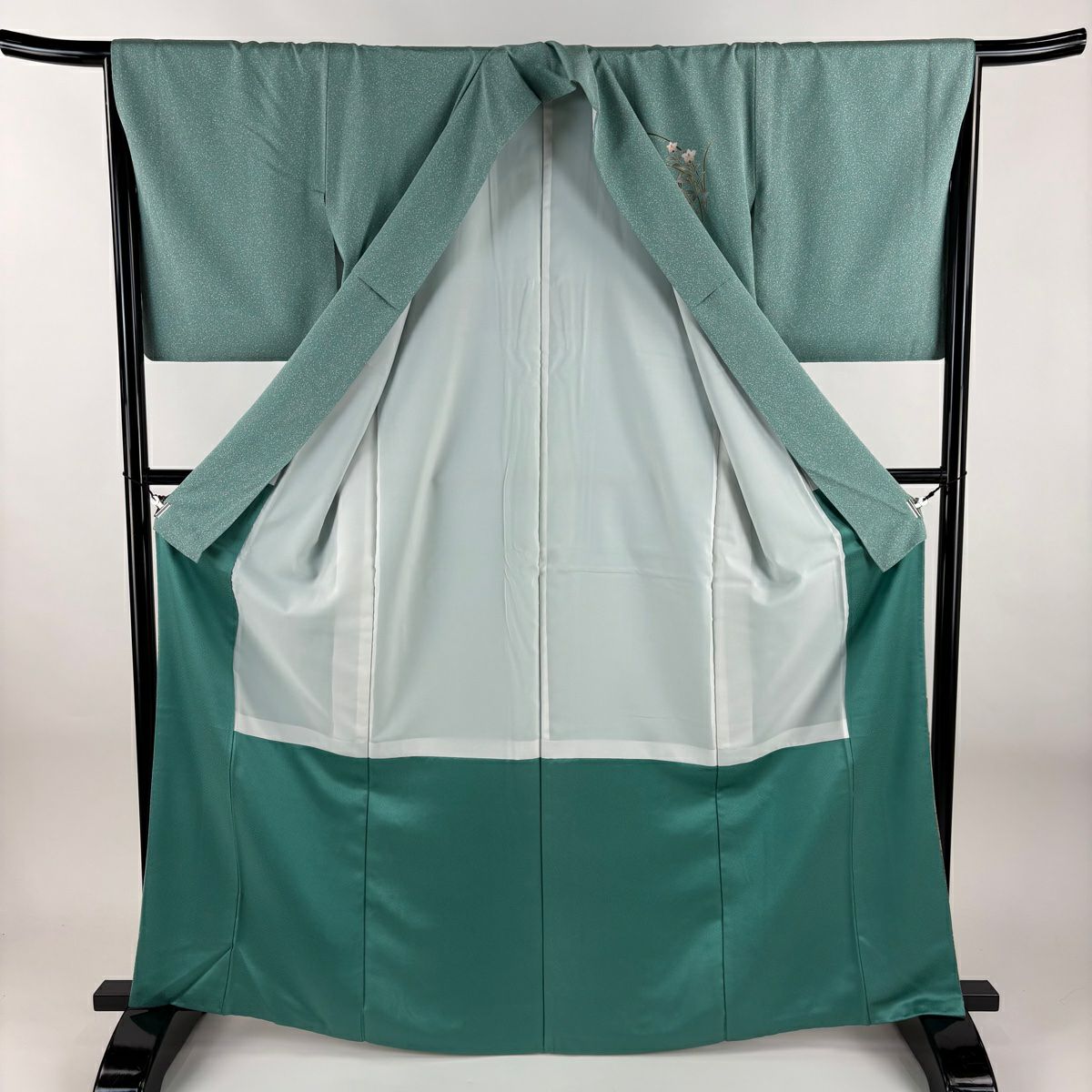 【美品】 付下 身長165.5cm 袖長65cm M 雙層 雪輪 菊花 金銀彩 漸層 青綠 純蠶絲 優品級