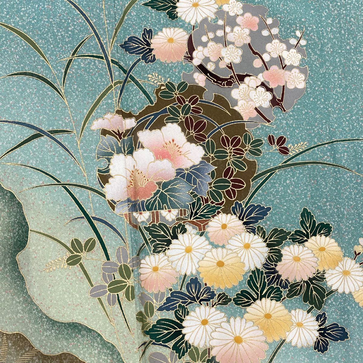 【美品】 付下 身長165.5cm 袖長65cm M 雙層 雪輪 菊花 金銀彩 漸層 青綠 純蠶絲 優品級