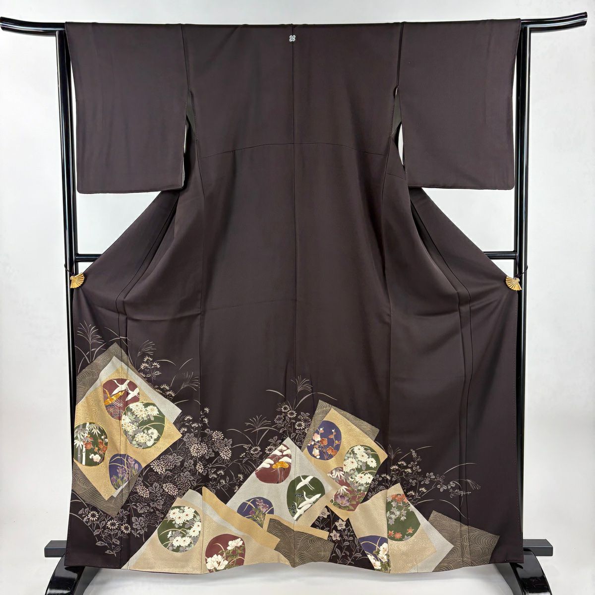 留袖禮服禮服 身長164.5cm 袖長64cm M 雙層 團扇子 松樹竹子梅花 金絲 金銀彩 焦茶 純蠶絲 秀品級 一個紋