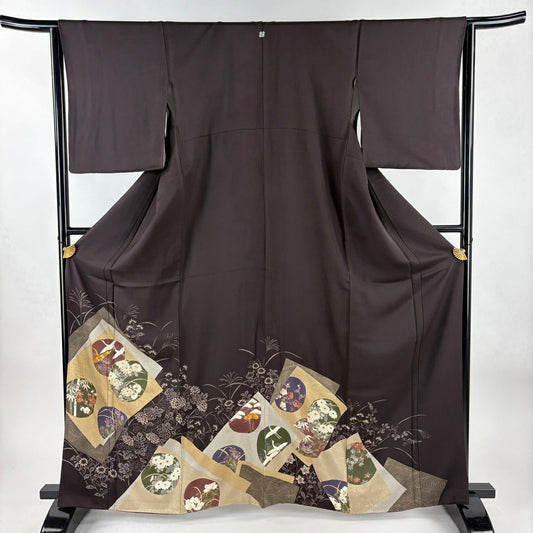 留袖禮服禮服 身長164.5cm 袖長64cm M 雙層 團扇子 松樹竹子梅花 金絲 金銀彩 焦茶 純蠶絲 秀品級 一個紋