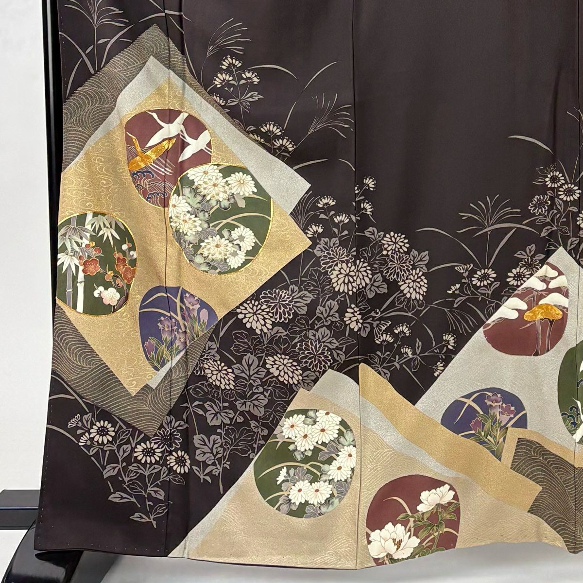 留袖禮服禮服 身長164.5cm 袖長64cm M 雙層 團扇子 松樹竹子梅花 金絲 金銀彩 焦茶 純蠶絲 秀品級 一個紋