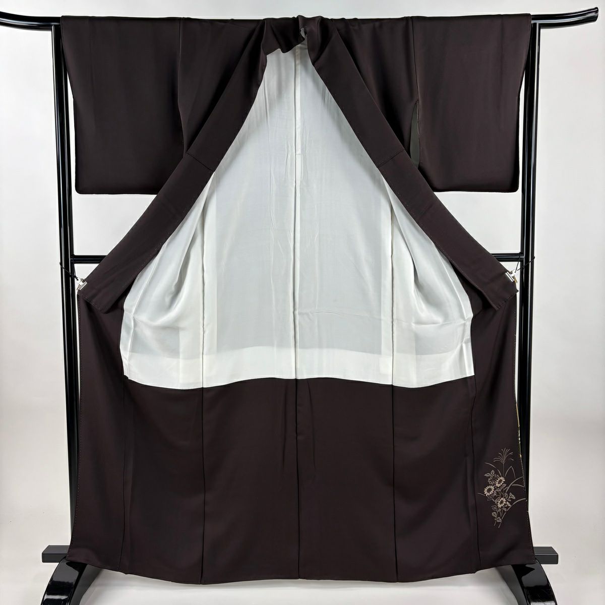 留袖禮服禮服 身長164.5cm 袖長64cm M 雙層 團扇子 松樹竹子梅花 金絲 金銀彩 焦茶 純蠶絲 秀品級 一個紋