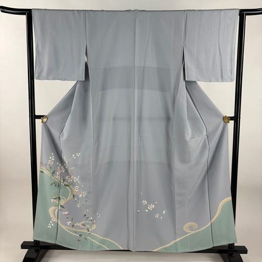 付下 身長157cm 袖長63cm S 雙層 草花紋紋 流水 深藍灰 純蠶絲 秀品級