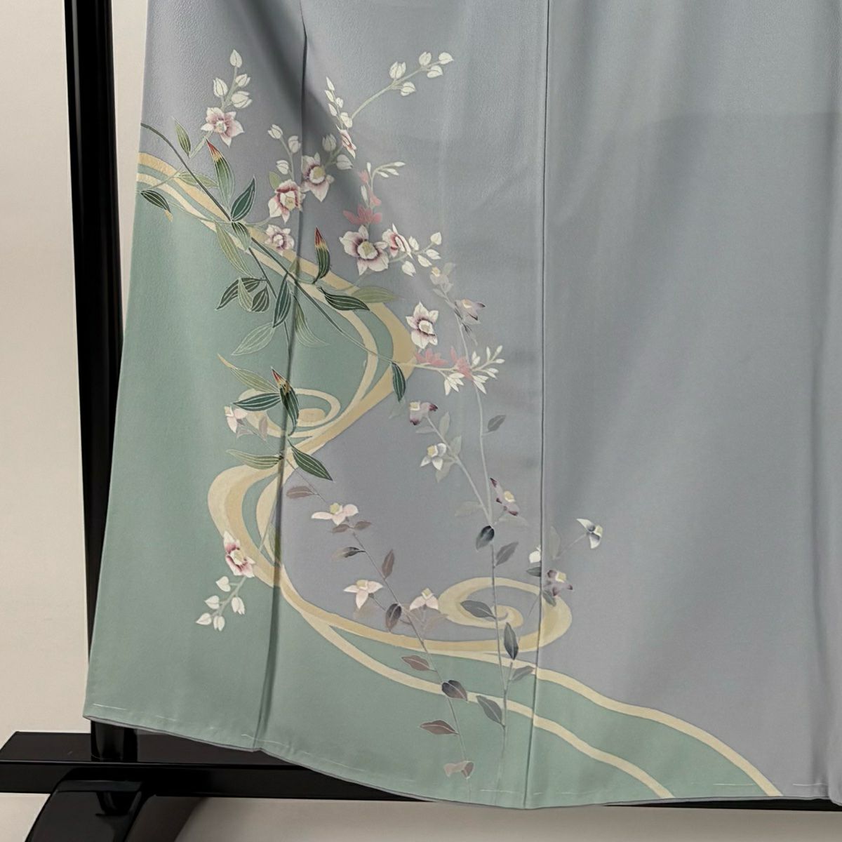 付下 身長157cm 袖長63cm S 雙層 草花紋紋 流水 深藍灰 純蠶絲 秀品級