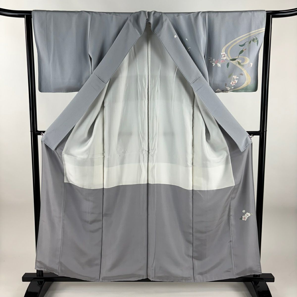 付下 身長157cm 袖長63cm S 雙層 草花紋紋 流水 深藍灰 純蠶絲 秀品級