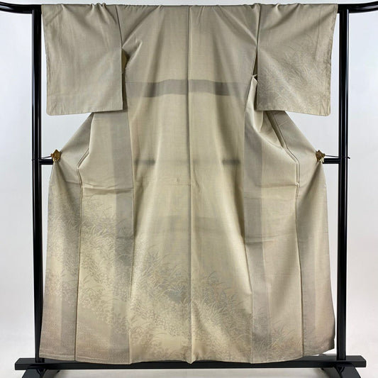 付下 身長158.5cm 袖長63cm S 雙層 紬織織 草花紋紋 麻葉 灰茶 純蠶絲 優品級