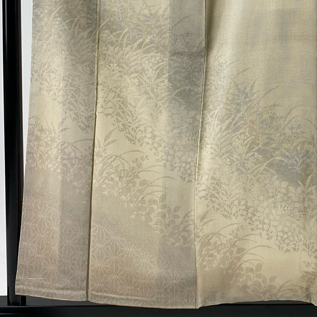 付下 身長158.5cm 袖長63cm S 雙層 紬織織 草花紋紋 麻葉 灰茶 純蠶絲 優品級