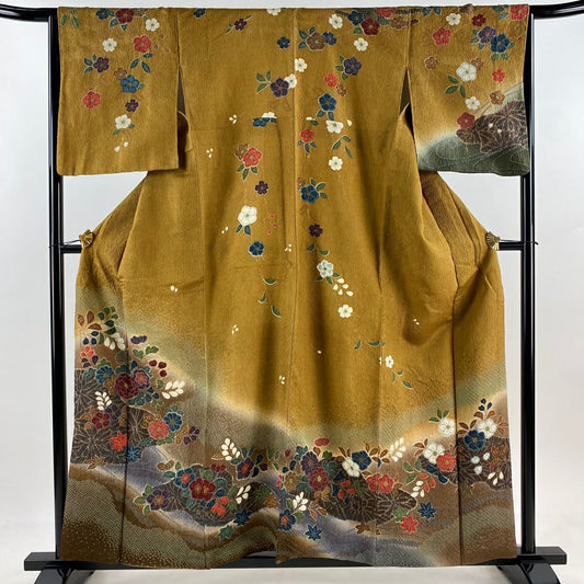 訪問服 身長159cm 袖長65cm M 雙層 草花紋紋 霞 金彩裝飾 絞染 山吹茶 純蠶絲 秀品級