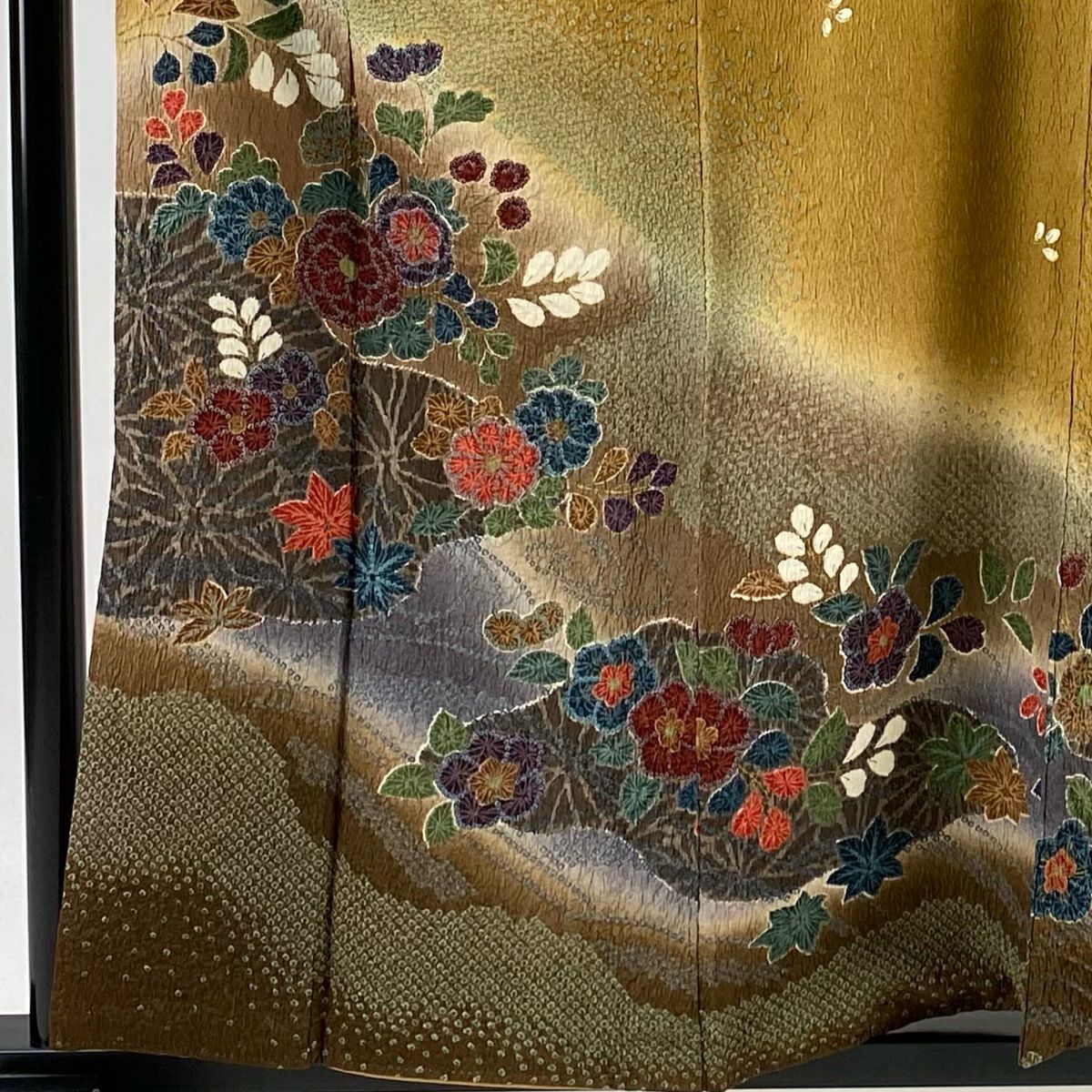 訪問服 身長159cm 袖長65cm M 雙層 草花紋紋 霞 金彩裝飾 絞染 山吹茶 純蠶絲 秀品級
