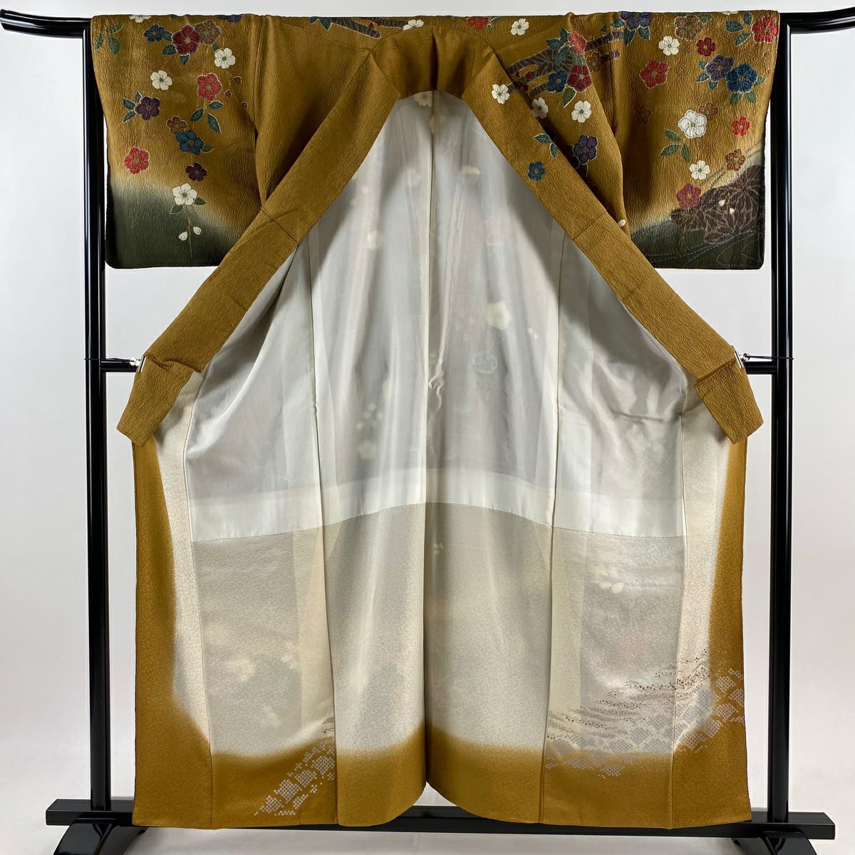 訪問服 身長159cm 袖長65cm M 雙層 草花紋紋 霞 金彩裝飾 絞染 山吹茶 純蠶絲 秀品級