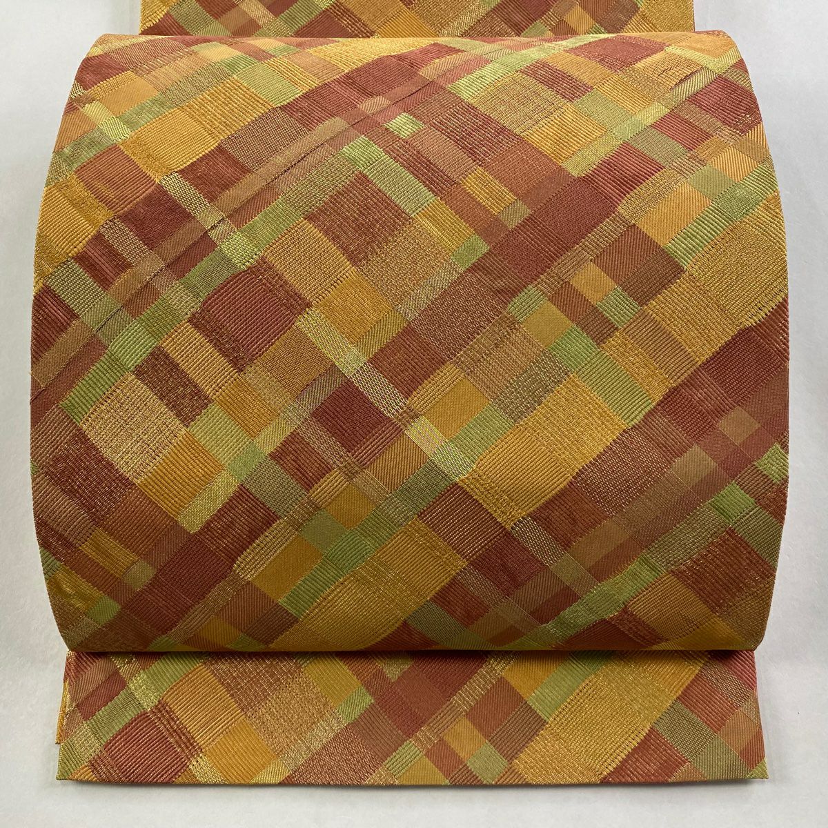 【美品】 袋帶 秀品級 斜格紋 金絲 橙色 全通 純蠶絲