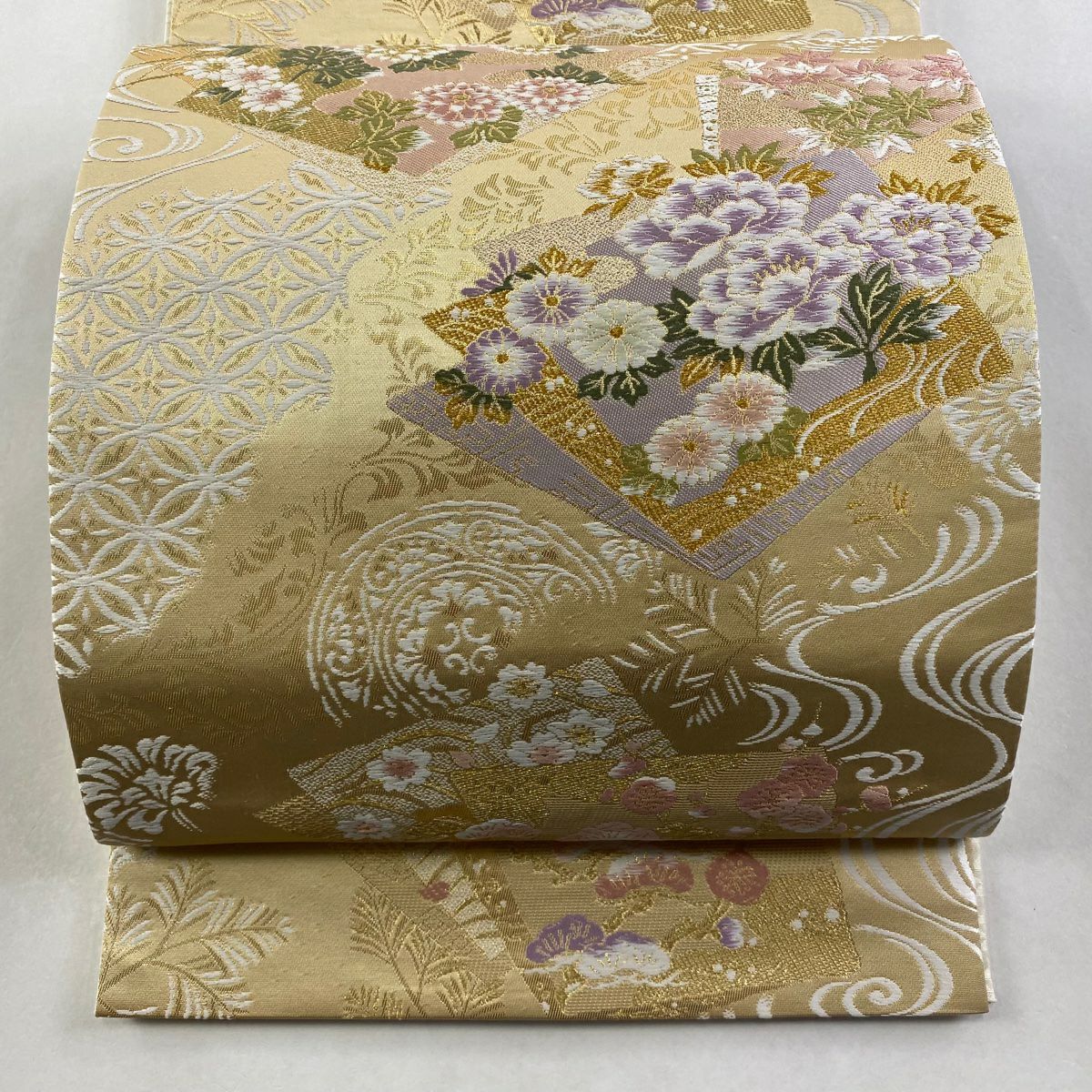 【美品】 袋帶 逸品級 鈴乃屋 草花紋紋 流水 金絲 金金箔 金色 六通 純蠶絲