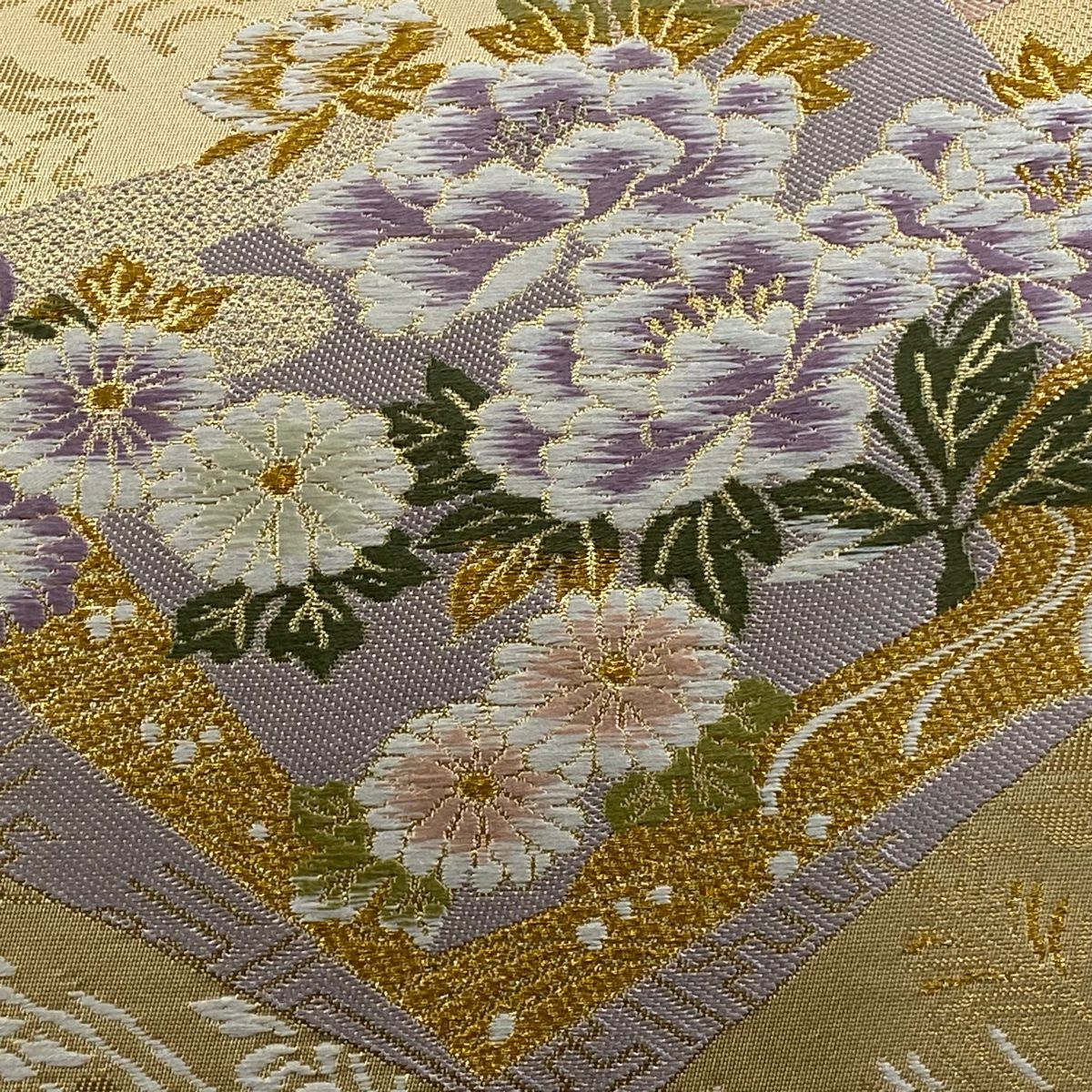 【美品】 袋帶 逸品級 鈴乃屋 草花紋紋 流水 金絲 金金箔 金色 六通 純蠶絲