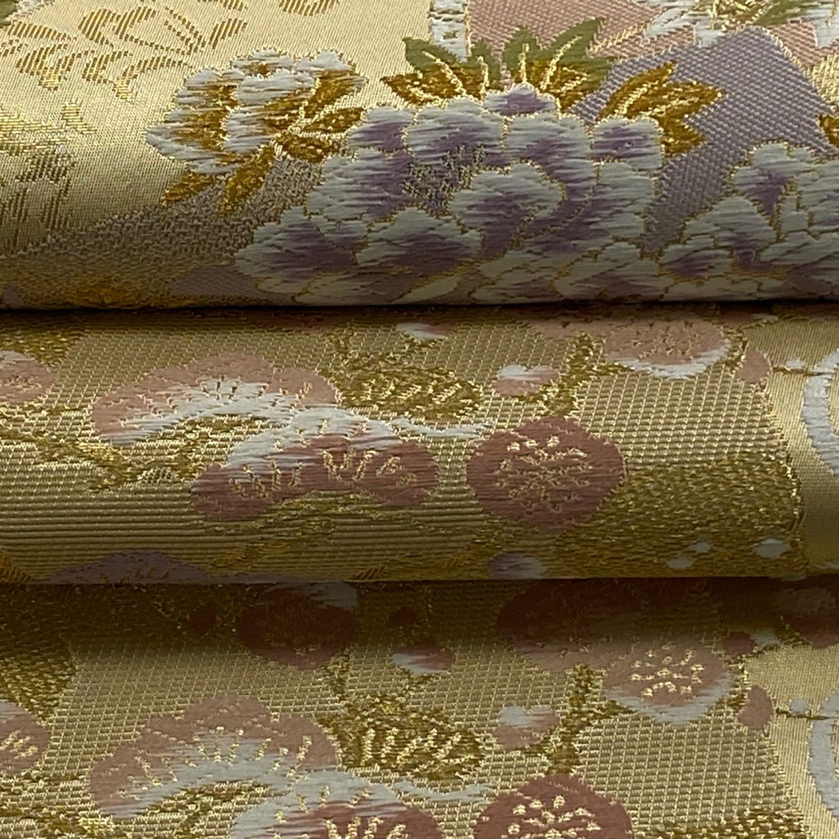 【美品】 袋帶 逸品級 鈴乃屋 草花紋紋 流水 金絲 金金箔 金色 六通 純蠶絲