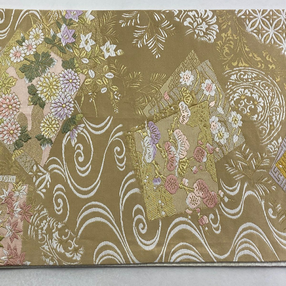 【美品】 袋帶 逸品級 鈴乃屋 草花紋紋 流水 金絲 金金箔 金色 六通 純蠶絲
