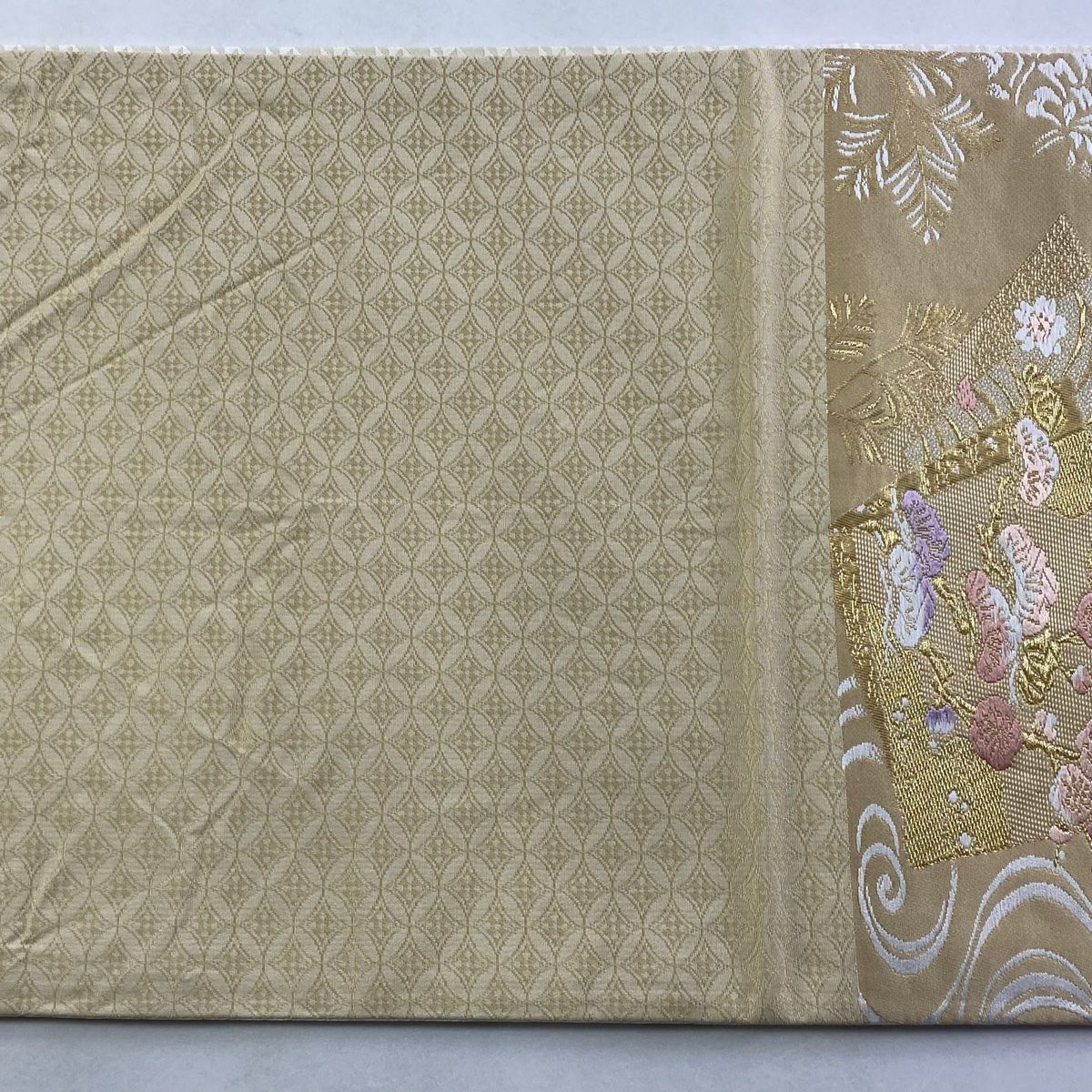 【美品】 袋帶 逸品級 鈴乃屋 草花紋紋 流水 金絲 金金箔 金色 六通 純蠶絲