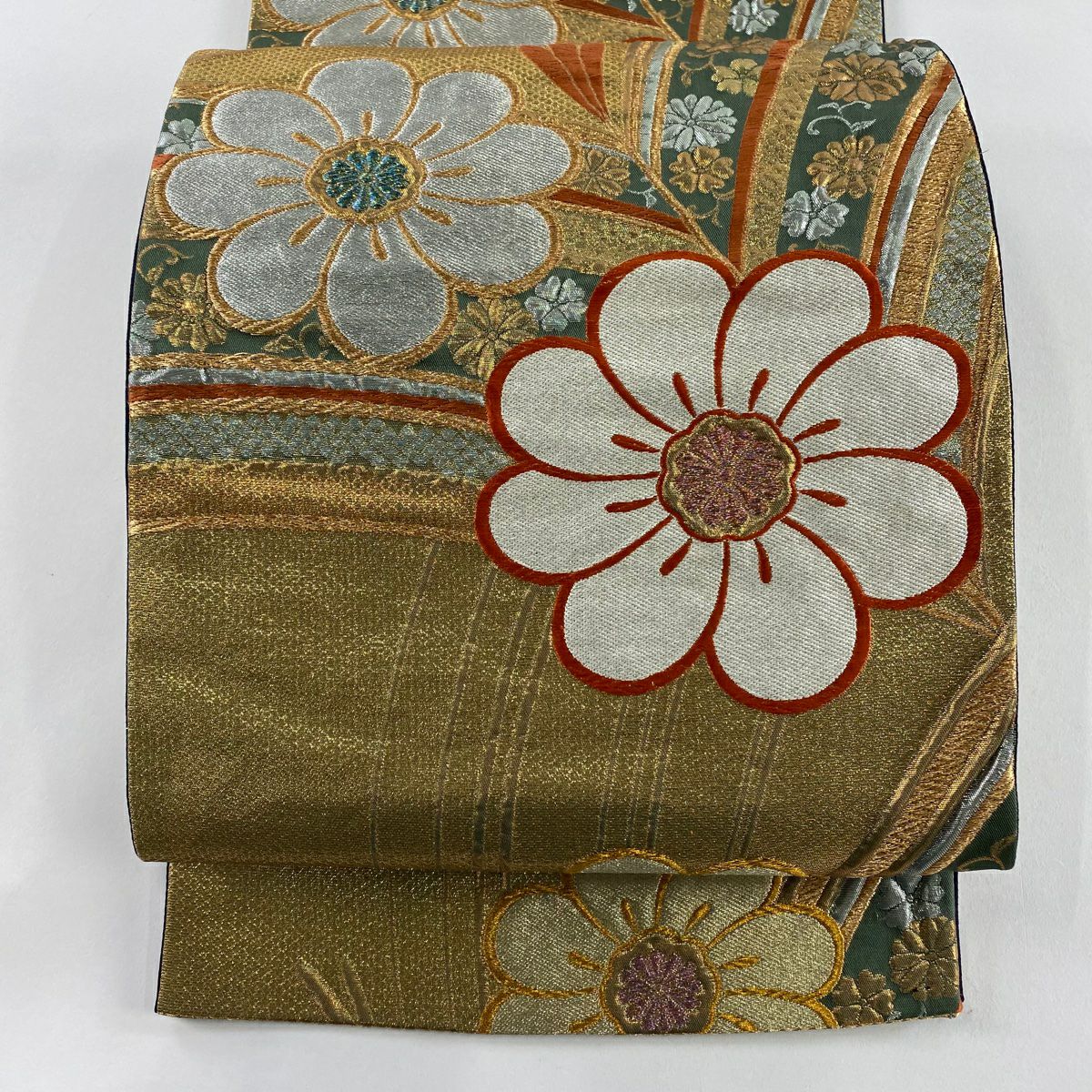 【美品】 袋帶 秀品級 若松樹 花 金金箔 金銀彩 金 六通 純蠶絲
