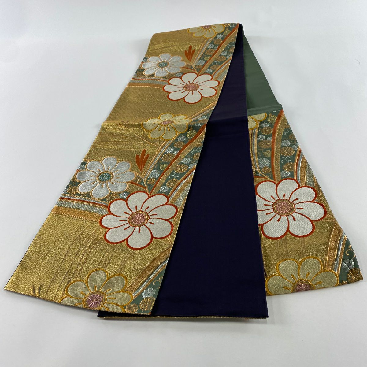 【美品】 袋帶 秀品級 若松樹 花 金金箔 金銀彩 金 六通 純蠶絲