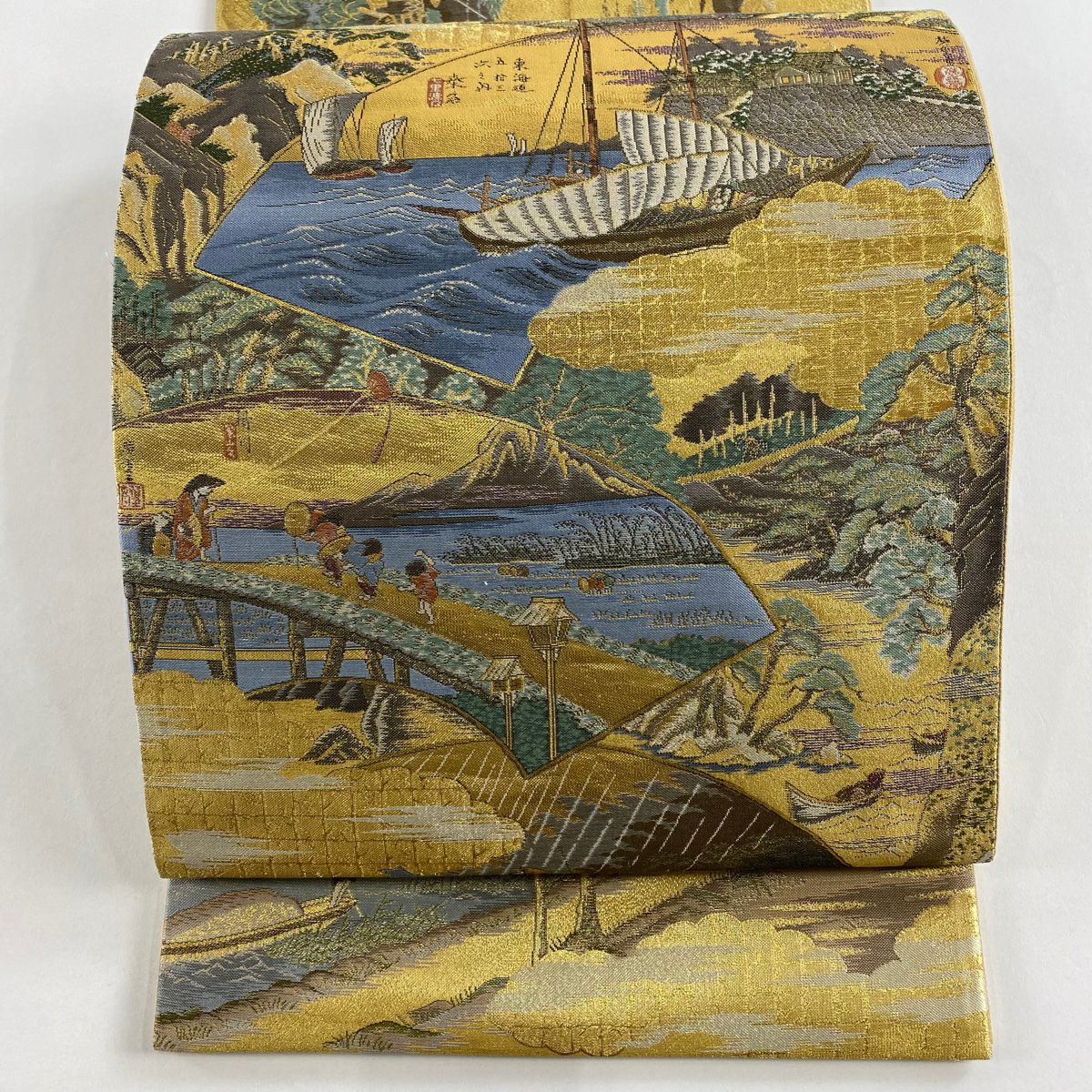 【美品】 袋帶 秀品級 東海道 鈴乃屋 扇子面 風景 金絲 金金箔 金色 大鼓圖案 純蠶絲
