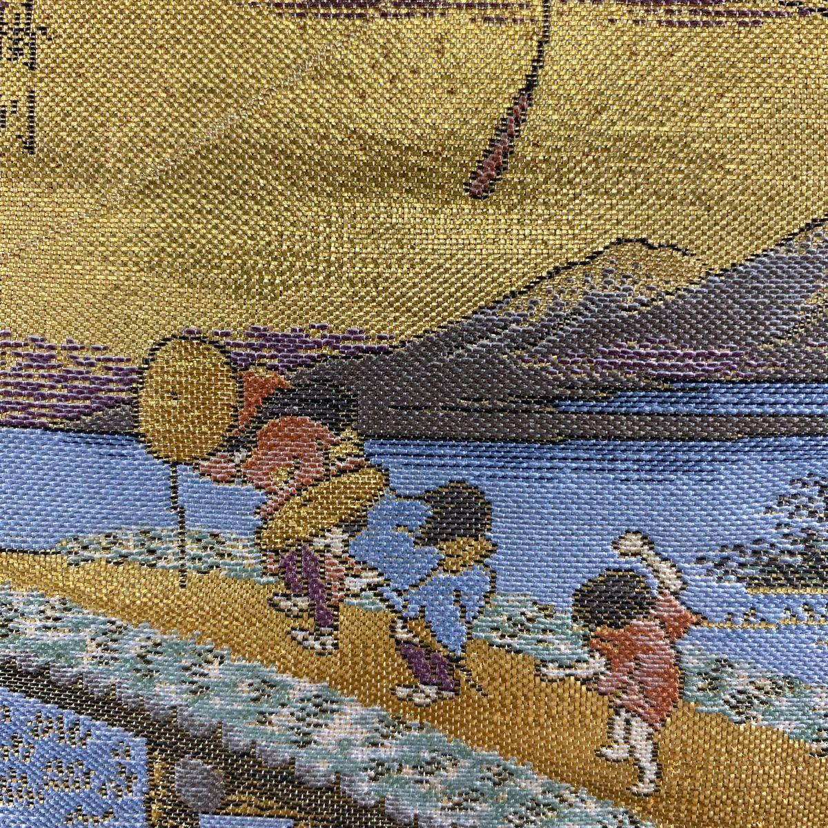 【美品】 袋帶 秀品級 東海道 鈴乃屋 扇子面 風景 金絲 金金箔 金色 大鼓圖案 純蠶絲