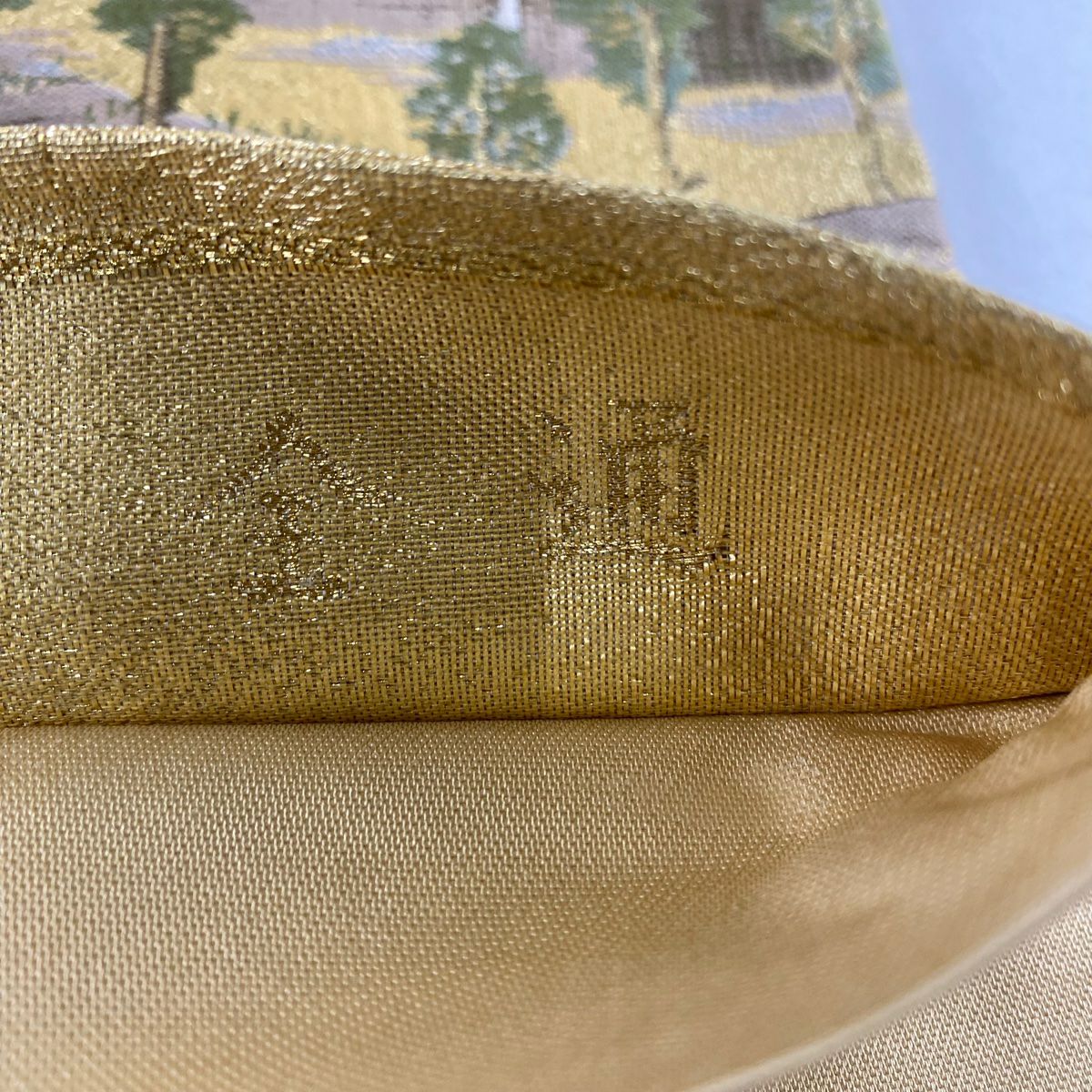 【美品】 袋帶 秀品級 東海道 鈴乃屋 扇子面 風景 金絲 金金箔 金色 大鼓圖案 純蠶絲